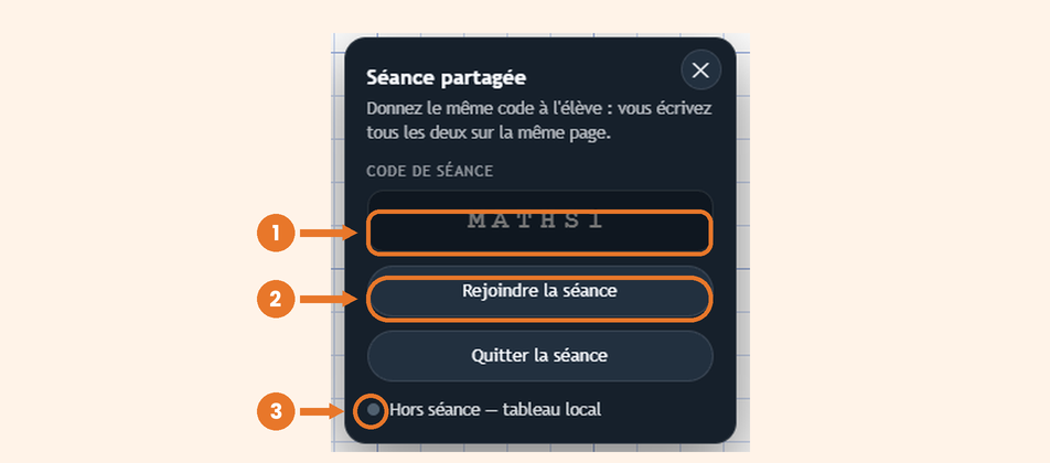 La fen&ecirc;tre S&eacute;ance partag&eacute;e, avec le code, le bouton Rejoindre et le point